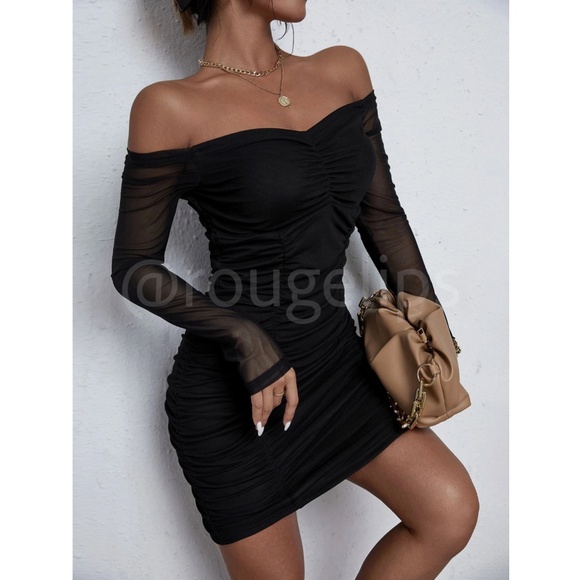 Black Off Shoulder Mesh Ruched Long Sleeve Mini Dress - Picture 1 of 6